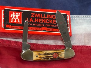 Vintage J A Henckels 2 Blade Canoe w/ Great Stag Handles +Red Shield & Blade Etch - NM -NICE ONE!