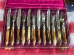 Vintage JA Henckels Knife & Fork (fish?) 12 Place Set -Beautiful Handles! -Solingen Germany -NOS