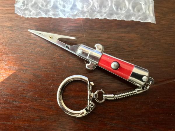 Miniature Switchblade Keychain Roach Clip, Cactus Bolsters, Red Wrap Handle, Possible Hong Kong Miniature Switchblade Keychain Roach Clip, Cactus Bolsters, Red Wrap Handle, Possible Hong Kong