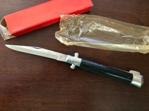 Vintage Japanese Manual Action Lockback Stiletto Knife, Black Plastic Handle, Unused With Box  