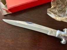 Vintage Japanese Manual Action Lockback Stiletto Knife, Black Plastic Handle, Unused With Box  