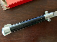 Vintage Japanese Manual Action Lockback Stiletto Knife, Black Plastic Handle, Unused With Box  