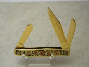 Fight'n Rooster Frank Buster Cutlery Co. Germany Gold Plated Rose Stockman Knife Pre 1982