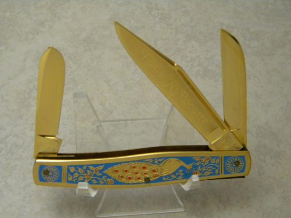 Fight'n Rooster Frank Buster Cutlery Co. Germany Gold Plated Peacock Stockman Knife Pre 1982