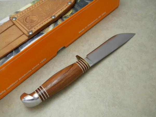 Marbles Gladstone Mich USA Tiger Wood & Aluminum Campcraft Fixed Blade Sheath Knife in Box c.1990's