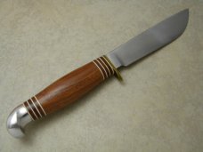 Marbles Gladstone Mich USA Tiger Wood & Aluminum Campcraft Fixed Blade Sheath Knife in Box c.1990's