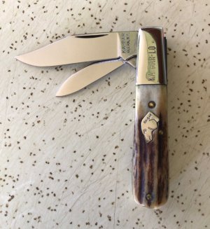 VINTAGE STAG  KA-BAR OLEAN NY “DOGS HEAD” “ KA-BAR-LO” POCKET KNIFE/ “PC GLOWS “