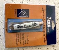VINTAGE COLONIAL USA RANGER SCRIMSHAW SERIES STOCKMAN POCKET KNIFE/NOS/ “ BUCK SCENE “ VINTAGE COLONIAL USA RANGER SCRIMSHAW SERIES STOCKMAN POCKET KNIFE/NOS/ “ BUCK SCENE “