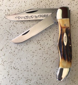 VINTAGE STAG CASE XX 5265 1977 BLUE SCROLL FOLDING HUNTER/POCKET KNIFE 