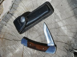 BUCK USA PRINCE MODEL 503 WOOD HANDLES LOCKBACK FOLDING POCKET KNIFE with BUCK SHEATH MADE IN U.S.A.
