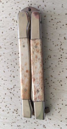 VINTAGE SMOOTH BONE/STAG PARKER CUT CO JAPAN “GYPSY” BUTTERFLY KNIFE / NOS/ BEAUTIFUL PIECE VINTAGE SMOOTH BONE/STAG PARKER CUT CO JAPAN “GYPSY” BUTTERFLY KNIFE / NOS/ BEAUTIFUL PIECE
