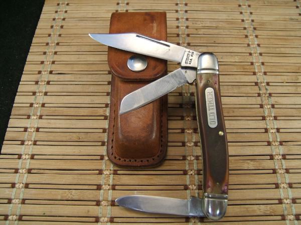 SCHRADE USA OLD TIMER 858 LUMBERJACK STOCKMAN VINT. LARGE TRIPLE BLADE FOLDING POCKET KNIFE & SHEATH SCHRADE USA OLD TIMER 858 LUMBERJACK STOCKMAN VINT. LARGE TRIPLE BLADE FOLDING POCKET KNIFE & SHEATH