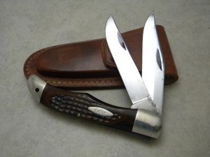 Case XX Stainless USA 6 Dot Wood 6265 SAB Folding Hunter Knife w/Leather Pouch 1974