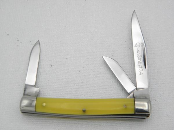 Queen Cutlery #34 Amber Handled Stockman: 2 5/8” closed, 1960s, Queen Cutlery #34 Amber Handled Stockman: 2 5/8” closed, 1960s,