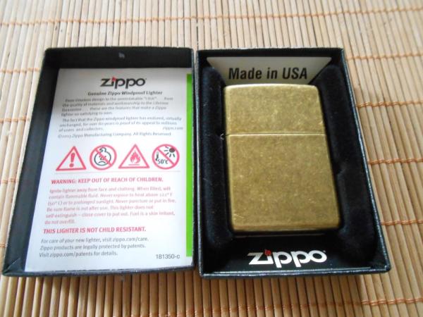 Zippo Antique Brass Lighter Original Box-Never Used