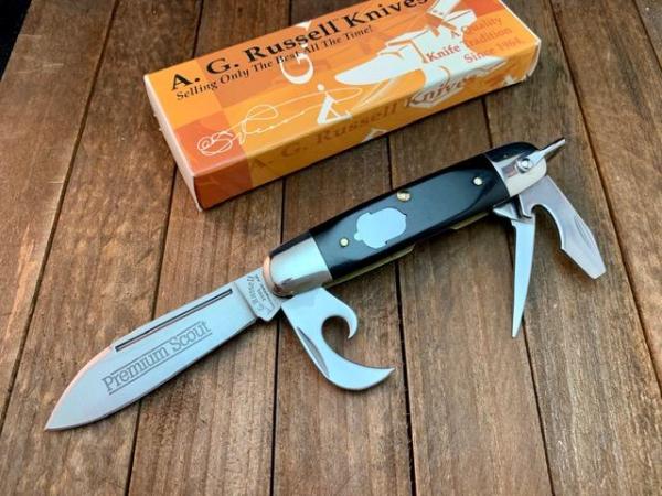 A.G. Russell Premium Scout Knife Black Linen Micarta Handles with 154-CM Blades Made in USA