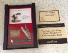 VINTAGE SCHRADE USA “1st EDITION” “50th/GOLDEN ANNIVERSARY DUCK STAMP” TRAPPER/NOS/LTD EDITION/SWEET VINTAGE SCHRADE USA “1st EDITION” “50th/GOLDEN ANNIVERSARY DUCK STAMP” TRAPPER/NOS/LTD EDITION/SWEET