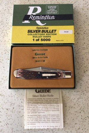 VINTAGE BONE REMINGTON UMC MADE IN USA 1992 R1253 “GUIDE” SILVER BULLET KNIFE/NOS/w STERLING SHIELD