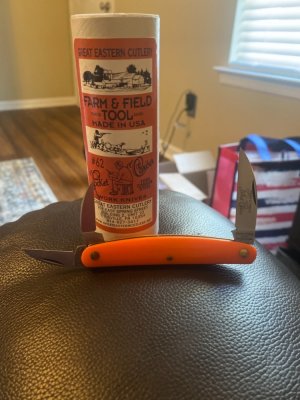 New Great Eastern Cutlery #62 Orange Handle Pocket Carver With Brass Pins & Three Carbon Blades