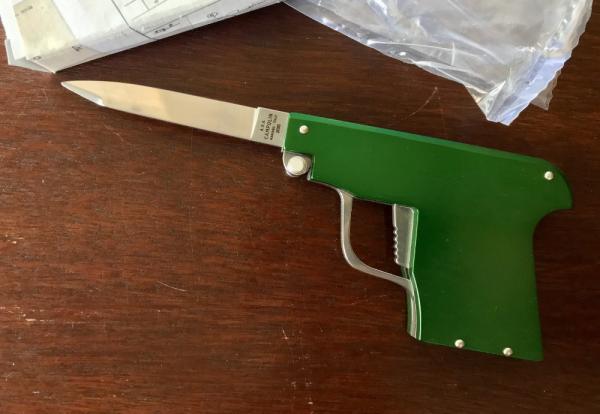 AGA Campolin Letter Opener Pistol Switchblade, Green Handle, Limited Edition of 300 from 2019 
