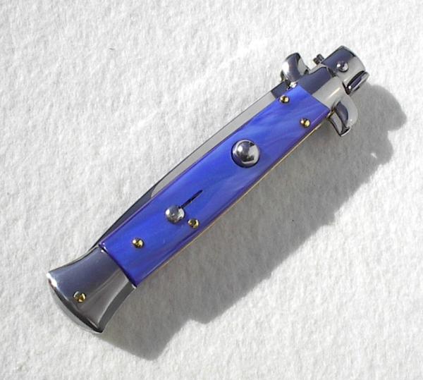 NEW FRANK BELTRAME 9" ACRYLIC BLUE PEARL ITALIAN STILETTO FLAT GRIND BLADE - LAST ONE