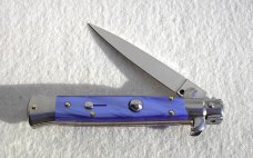 NEW FRANK BELTRAME 9" ACRYLIC BLUE PEARL ITALIAN STILETTO FLAT GRIND BLADE - LAST ONE