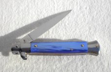 NEW FRANK BELTRAME 9" ACRYLIC BLUE PEARL ITALIAN STILETTO FLAT GRIND BLADE - LAST ONE
