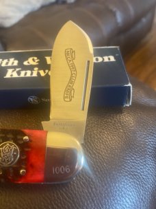 1997 Smith & Wesson USA Stewart Taylor Designed Red Bone Handle NKCA Sunfish/Toe Club Knife #1006