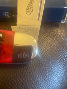 1997 Smith & Wesson USA Stewart Taylor Designed Red Bone Handle NKCA Sunfish/Toe Club Knife #1006