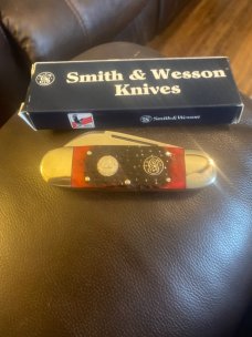 1997 Smith & Wesson USA Stewart Taylor Designed Red Bone Handle NKCA Sunfish/Toe Club Knife #1006