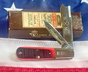 Schatt & Morgan (Queen 1992) 2 Blade Razor Barlow Pocket Knife w/ Red Bone Handles & Blade Etch -NOS