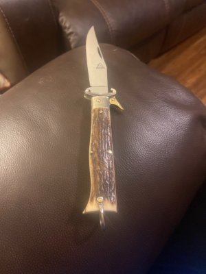 Vintage Germany Indiana # 12 German Fat Stag  Lockback With Awesome Stag With Saftejy Release Switch