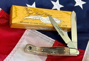 Vintage Parker Cut Co. 1980s/90s Trapper Knife w/ Elk Horn Handles & Lanyard Hole -NOS +Orig Box