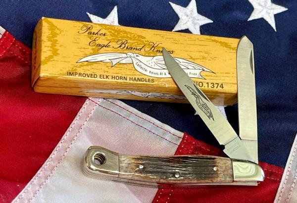 Vintage Parker Cut Co. 1980s/90s Trapper Knife w/ Elk Horn Handles & Lanyard Hole -NOS +Orig Box Vintage Parker Cut Co. 1980s/90s Trapper Knife w/ Elk Horn Handles & Lanyard Hole -NOS +Orig Box