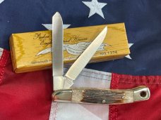 Vintage Parker Cut Co. 1980s/90s Trapper Knife w/ Elk Horn Handles & Lanyard Hole -NOS +Orig Box Vintage Parker Cut Co. 1980s/90s Trapper Knife w/ Elk Horn Handles & Lanyard Hole -NOS +Orig Box