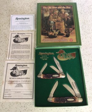 VINTAGE REMINGTON UMC USA “ THE OLD MAN and the BOY “ STOCKMAN KNIFE SET/NOS/ SWEET DUO of KNIVES