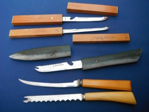 Set of  Floating Fish Knives, fishing knives, fish prep-knives, 3 Wood Scabbard Stainless Japan 2 US