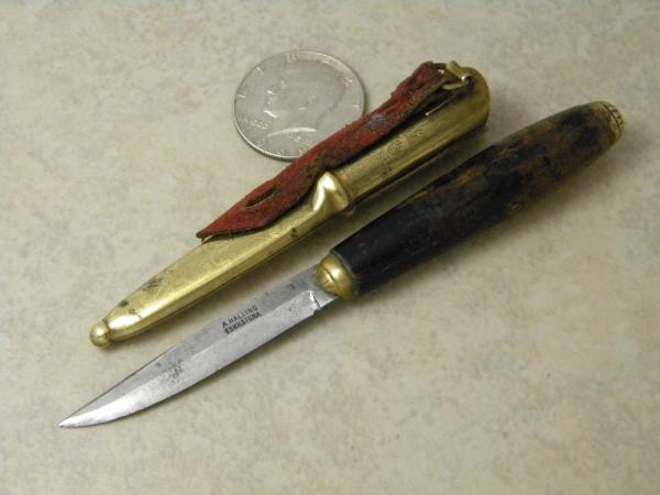 Vintage A. Halling Eskilstuna Wood Knife w/Scrolled Brass Sheath Vintage A. Halling Eskilstuna Wood Knife w/Scrolled Brass Sheath