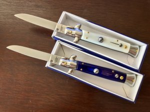 2 Herbertz German Market Stiletto Switchblades, Faux Ivory & Blue Acrylic Scales, New In Boxes 