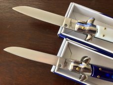 2 Herbertz German Market Stiletto Switchblades, Faux Ivory & Blue Acrylic Scales, New In Boxes 