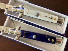 2 Herbertz German Market Stiletto Switchblades, Faux Ivory & Blue Acrylic Scales, New In Boxes 
