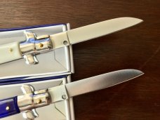 2 Herbertz German Market Stiletto Switchblades, Faux Ivory & Blue Acrylic Scales, New In Boxes 