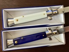 2 Herbertz German Market Stiletto Switchblades, Faux Ivory & Blue Acrylic Scales, New In Boxes 