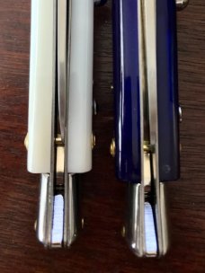 2 Herbertz German Market Stiletto Switchblades, Faux Ivory & Blue Acrylic Scales, New In Boxes 