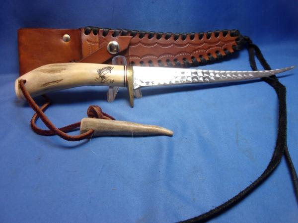 Ken Richardson Fillet Knife Stag Scrimshaw Leather Sheath Ken Richardson Fillet Knife Stag Scrimshaw Leather Sheath