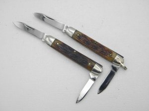 TWO KNIVES - Queen Cutlery #5 and #7 Senator Pens, 2 ½” closed, 1947, Rogers bone handles