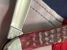 Case xx 1984 Its Only Peanuts Peanut Knife w Peanut Blade Etch w/ Great Red Bone Handles Case xx 1984 Its Only Peanuts Peanut Knife w Peanut Blade Etch w/ Great Red Bone Handles