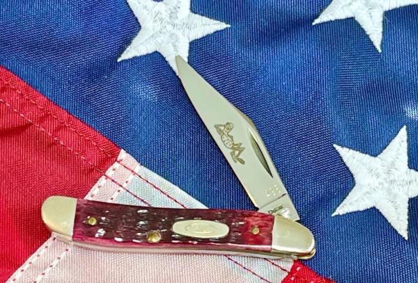 Case xx 1984 Its Only Peanuts Peanut Knife w Peanut Blade Etch w/ Great Red Bone Handles Case xx 1984 Its Only Peanuts Peanut Knife w Peanut Blade Etch w/ Great Red Bone Handles