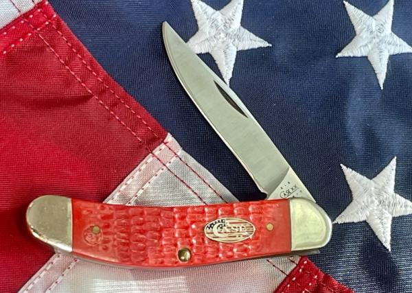 Case xx 2002 Tony Bose Single Blade Sowbelly Knife w/ Red, White & Blue American Flag Shield