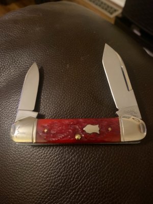 1997 Crandall Bradford Pa Beautiful Red Bone Handle Canoe With Dimpled Bolsters & Two Blades